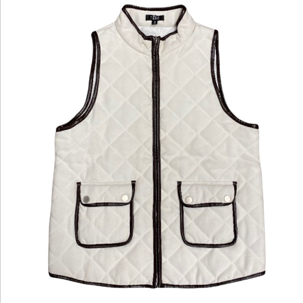 TCEC Cream & Brown Trim Quilted Full-Zip Vest NWOT